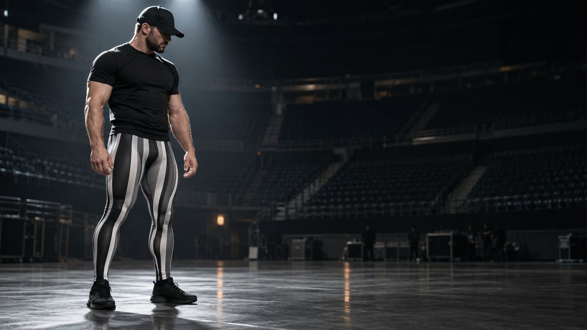 Man in black, white and grey striped wrestling leggings, a plain black T-shirt and a black cap standing under a single spotlight in an empty arena