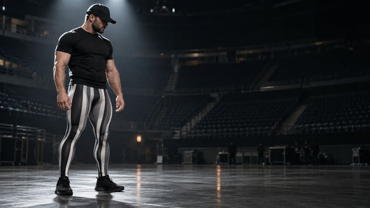 Man in black, white and grey striped wrestling leggings, a plain black T-shirt and a black cap standing under a single spotlight in an empty arena