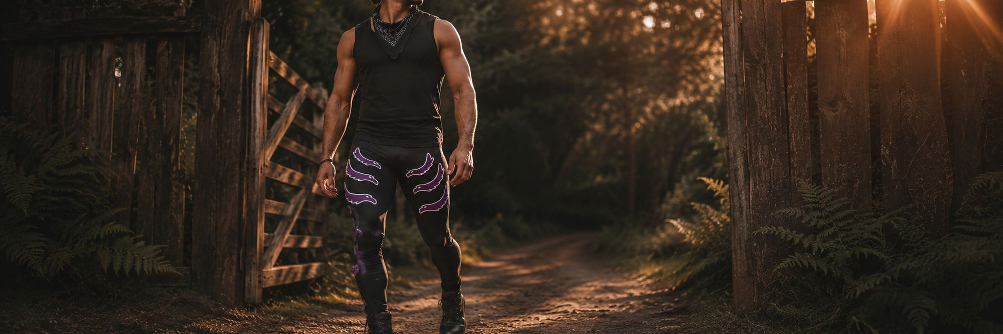 Man walking in Lost Village wearing dark black and purple wrestling tights