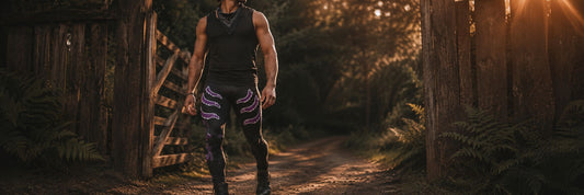 Man walking in Lost Village wearing dark black and purple wrestling tights