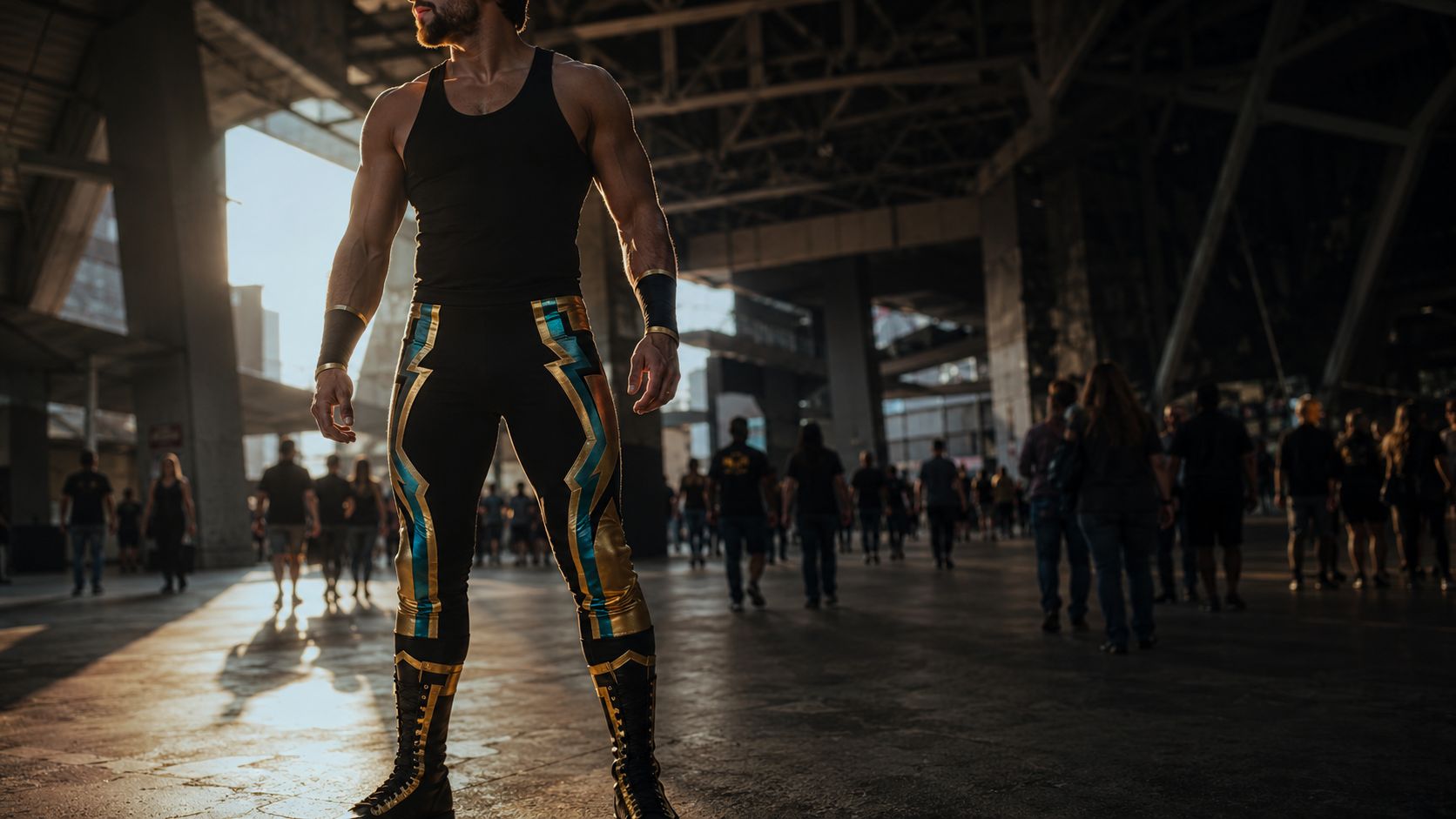 Bold wrestling-inspired figure in full ring gear standing in a packed stadium concourse
