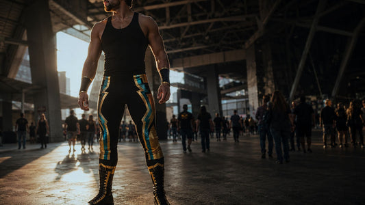 Bold wrestling-inspired figure in full ring gear standing in a packed stadium concourse