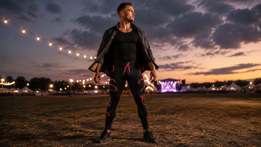 Man wearing black and red leggings to Louder than Life rock concert