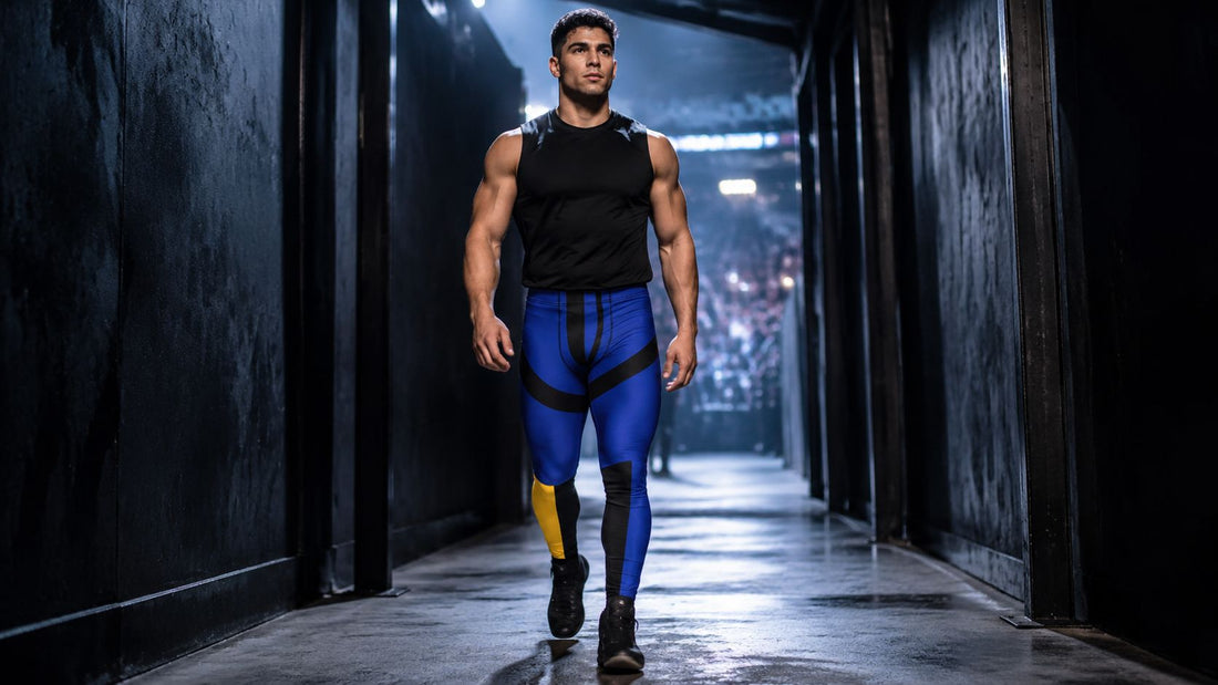 Man wearing blue wrestling tights for NJPW event