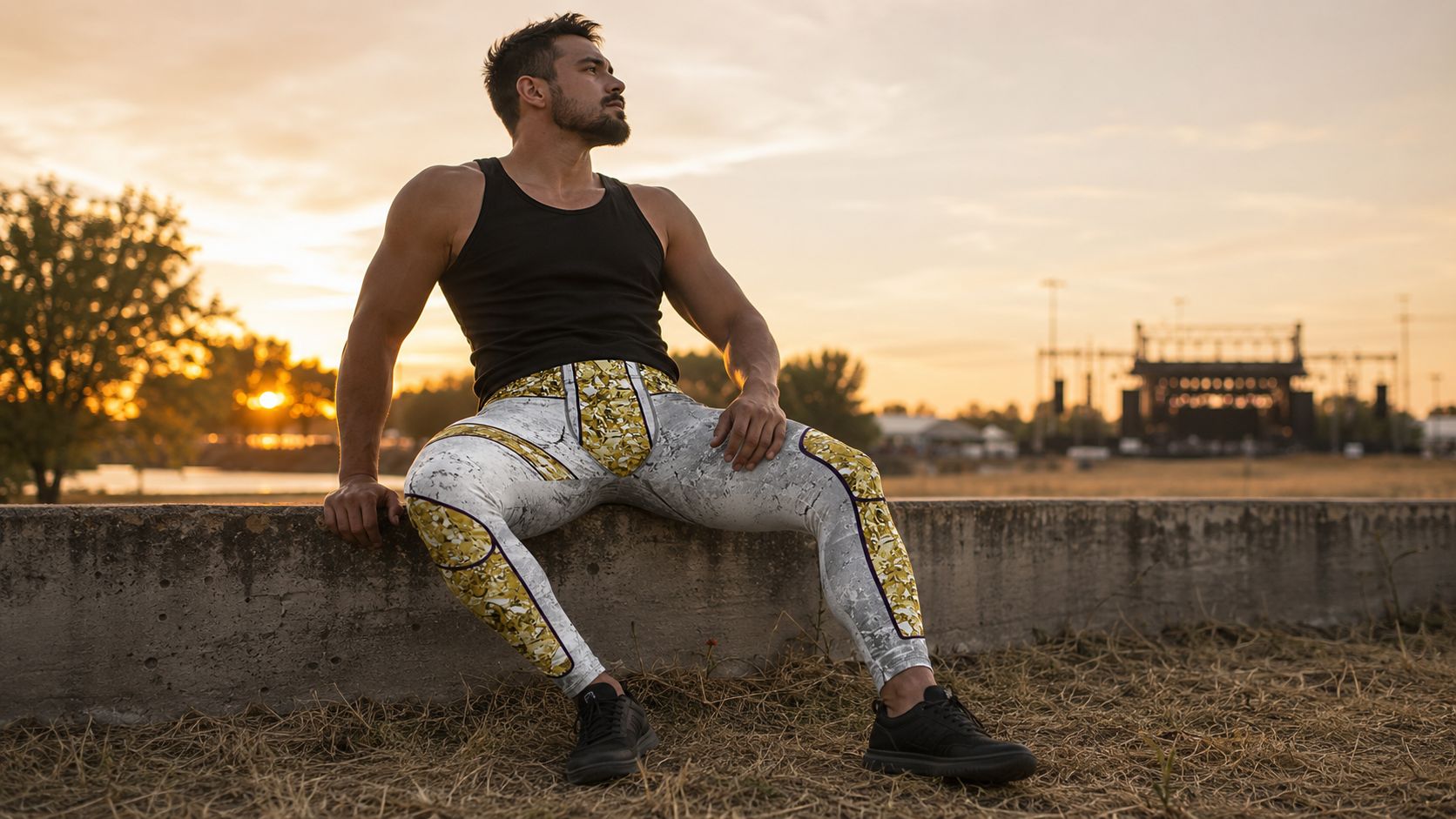Man wearing gold and silver wrestling tights at Aftershock Festival