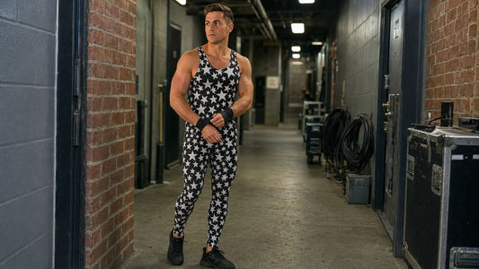 Man in black and white all-over star print tank top and leggings backstage under harsh work lights, arena-ready look built for a fraction of competition gear cost.