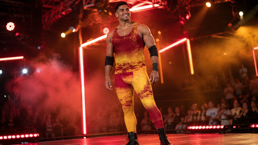Athletic male figure standing in dramatic arena lighting, wearing bold red and yellow patterned wrestling tights, arms raised wide, low camera angle looking up, retro 1980s wrestling aesthetic