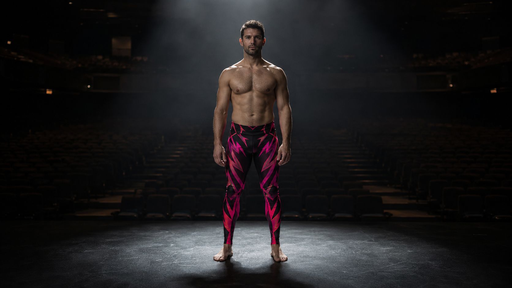 Man wearing pink and black wrestling costume