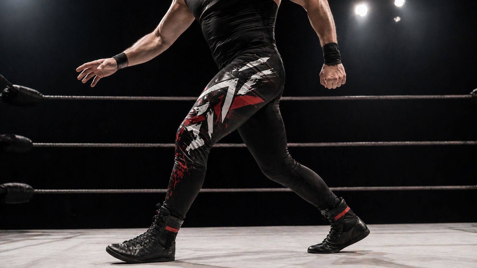 Athletic male figure in dark graphic wrestling gear mid-motion under harsh arena spotlights, anti-establishment energy