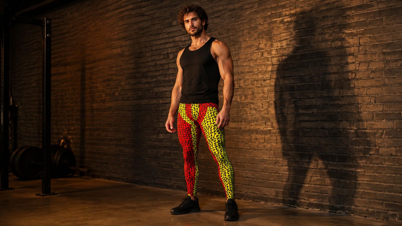 Man wearing red and yellow leopard skin wrestling tights in an urban location
