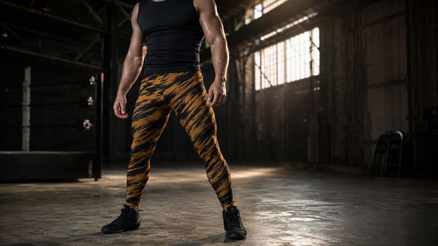 Man wearing red and black Tiger Strike Leggings, pro wrestling tights - German wrestling gear culture, a BillingtonPix guide to the wXw scene