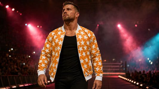 Man wearing a pro wrestling gear entrance jacket in orange with white stars