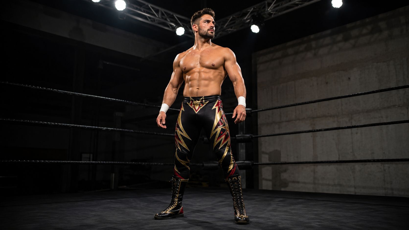 man in bold wrestling tights at french catch wrestling event