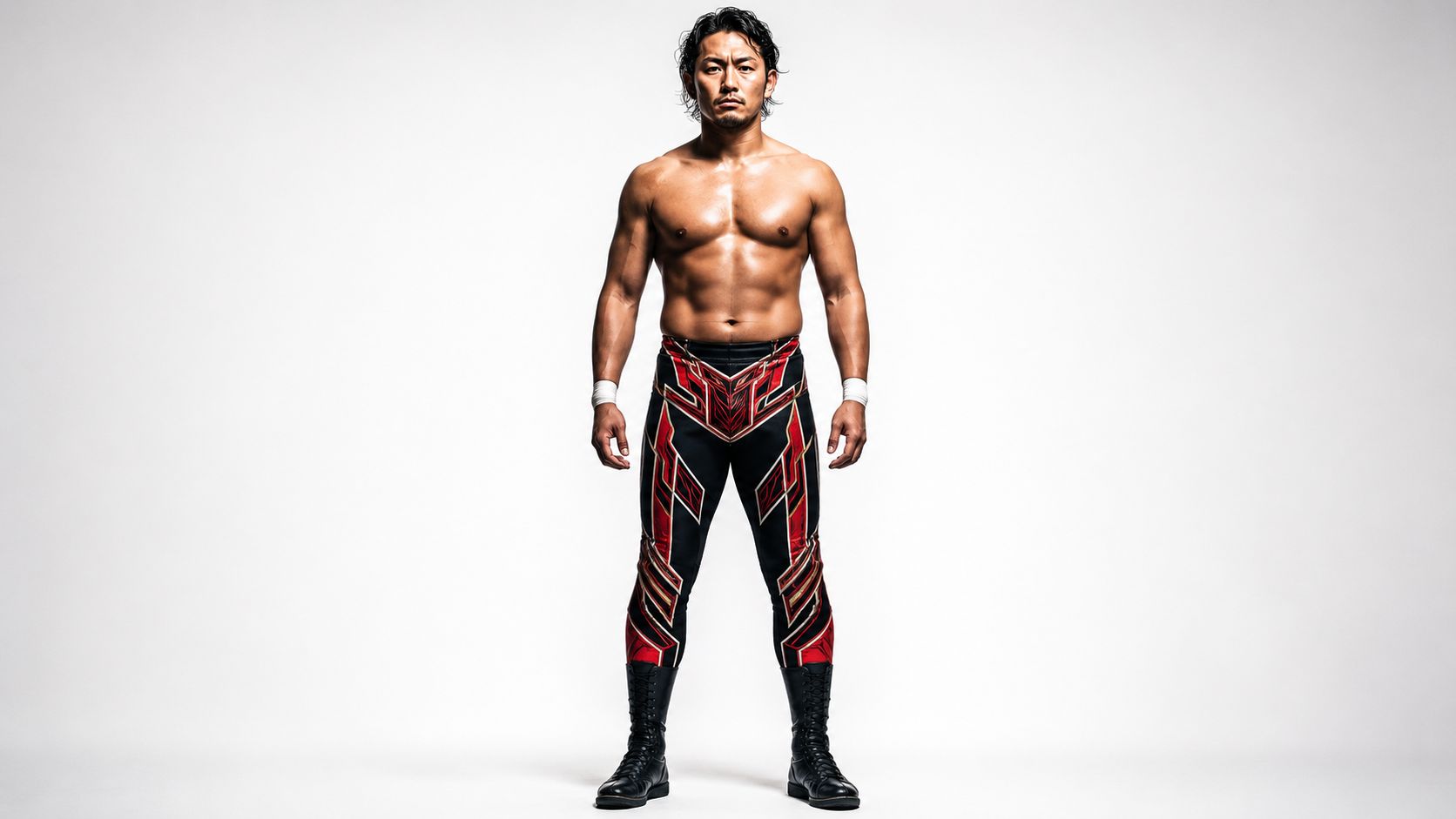 man in bold wrestling or martial arts-inspired tights, strong athletic posture, full length editorial shot
