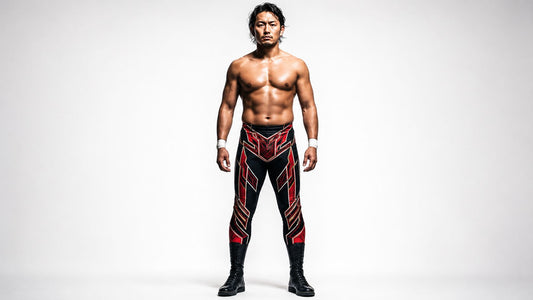 man in bold wrestling or martial arts-inspired tights, strong athletic posture, full length editorial shot