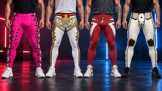 Row of 4 men wearing pink fire leggings, gold and white wrestling tights with eagle motif, red lightning pants and ivory white cosplay wrestling tights