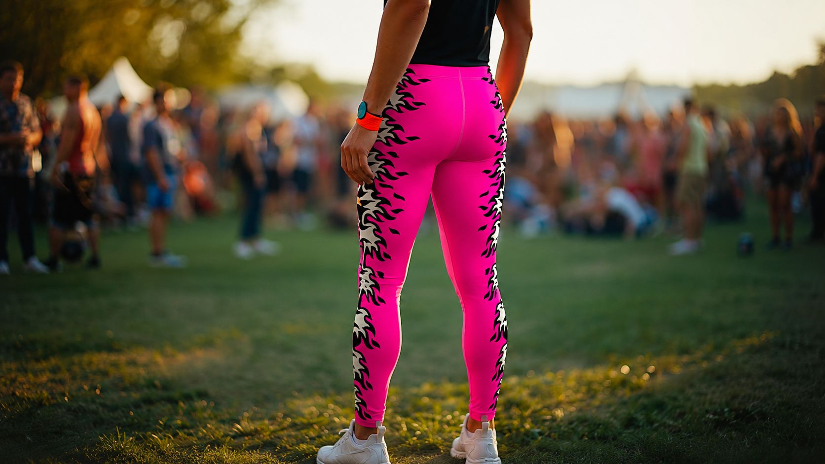 Man wearing pink leggings at a summer festival