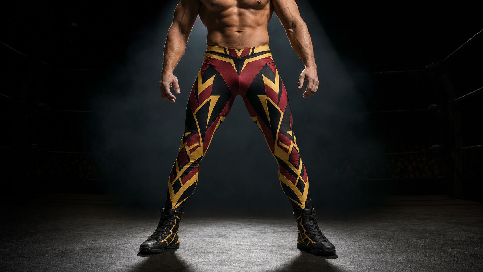 man wearing bold luchador-style wrestling tights with a mask-derived geometric print in rich jewel tones - gold