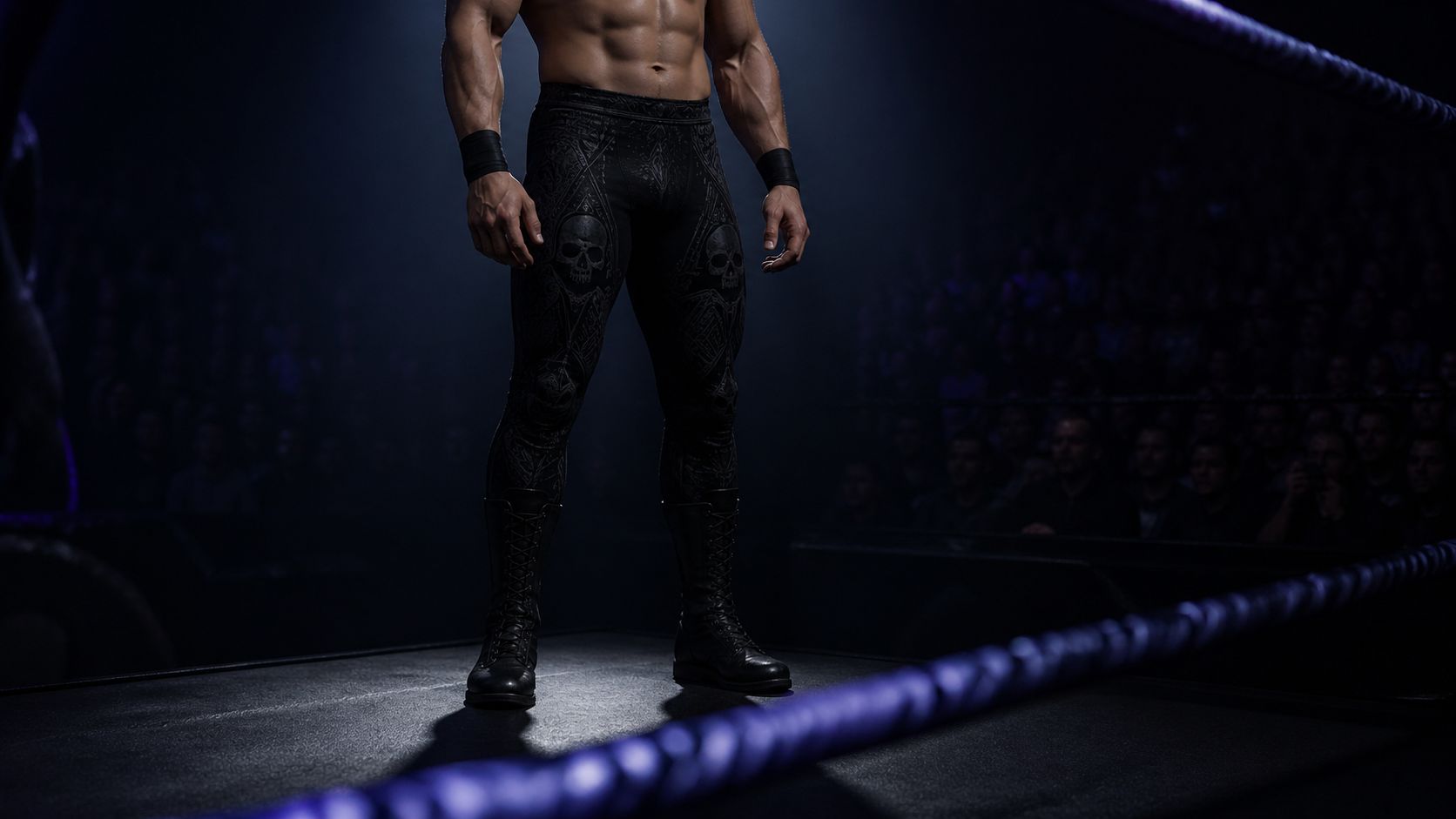Athletic figure in controlled dark wrestling gear - structured black tights with deliberate gothic detail under low arena lighting