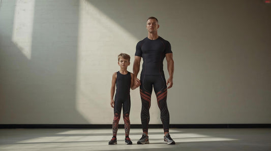 A parent and child standing side by side in wrestling-inspired activewear, ready for movement and confidence rather than costumes