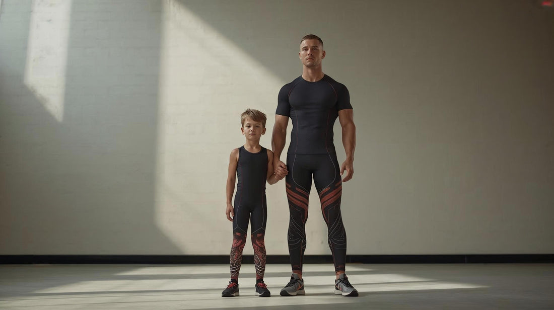 A parent and child standing side by side in wrestling-inspired activewear, ready for movement and confidence rather than costumes