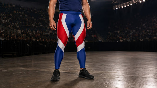 Person standing in wrestling arena wearing red, white and blue leggings