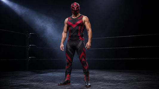 Person wearing black and red wrestling attire