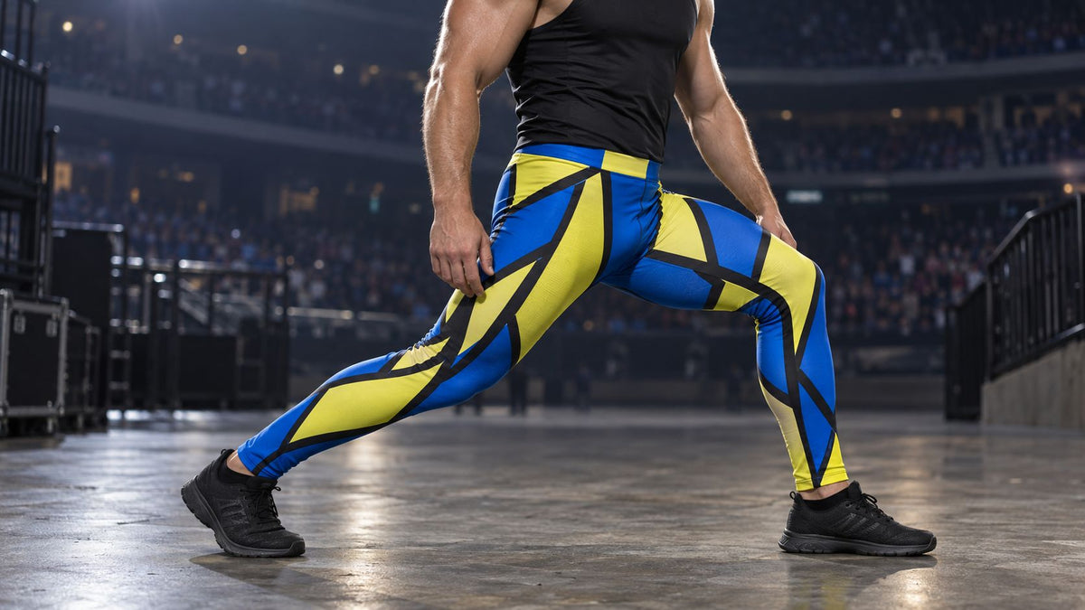 Person wearing blue and yellow wrestling tights for men