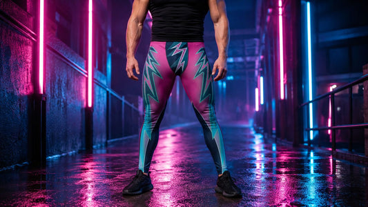 Person wearing wrestling tights in a neon street scene
