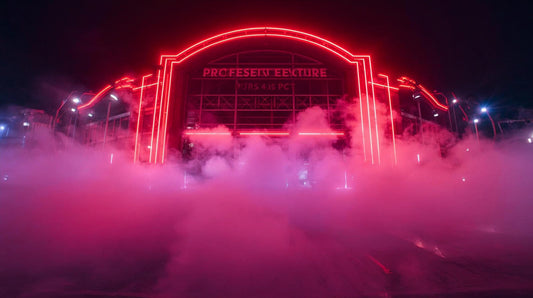 professional wrestling venue with neon and dry ice