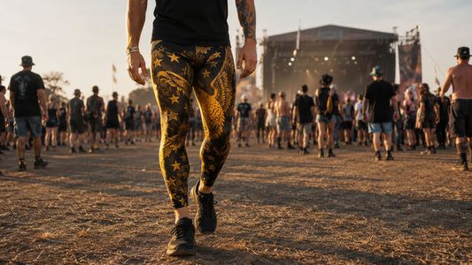 man in his late 20s stands in a walk-forward stance, one step toward camera, mid-stride, at a UK summer music festival mainstage field in late afternoon golden-hour light.