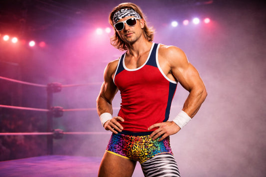 Wrestler wearing retro tank top under neon lights with arena vibes