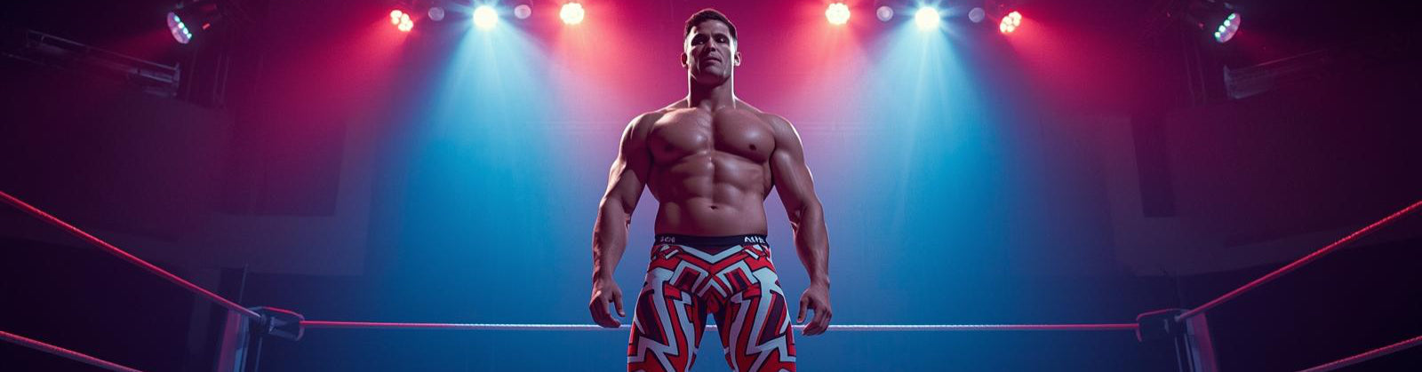 Professional wrestler mid-air inside a wrestling ring wearing bold graphic wrestling tights