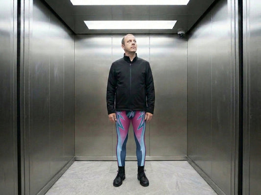 A man in a black zip-up jacket and pink and blue lightning-print wrestling tights stands in a steel lift, glancing up at the security camera.