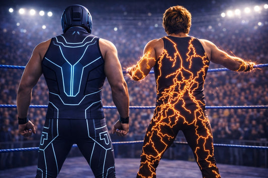 Synth Knight and Thunder Jack clash in a neon-lit ring under harsh spotlights, cyber-armour lines and orange lightning gear glowing through arena haze.