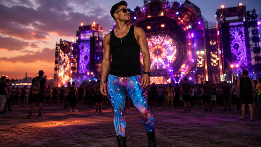 Partygoer walking through TomorrowLand wearing celestial themed leggings