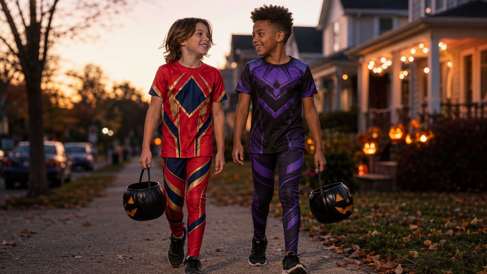 Two children wearing wrestling costumes for Halloween