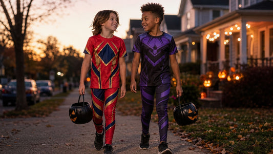 Two children wearing wrestling costumes for Halloween
