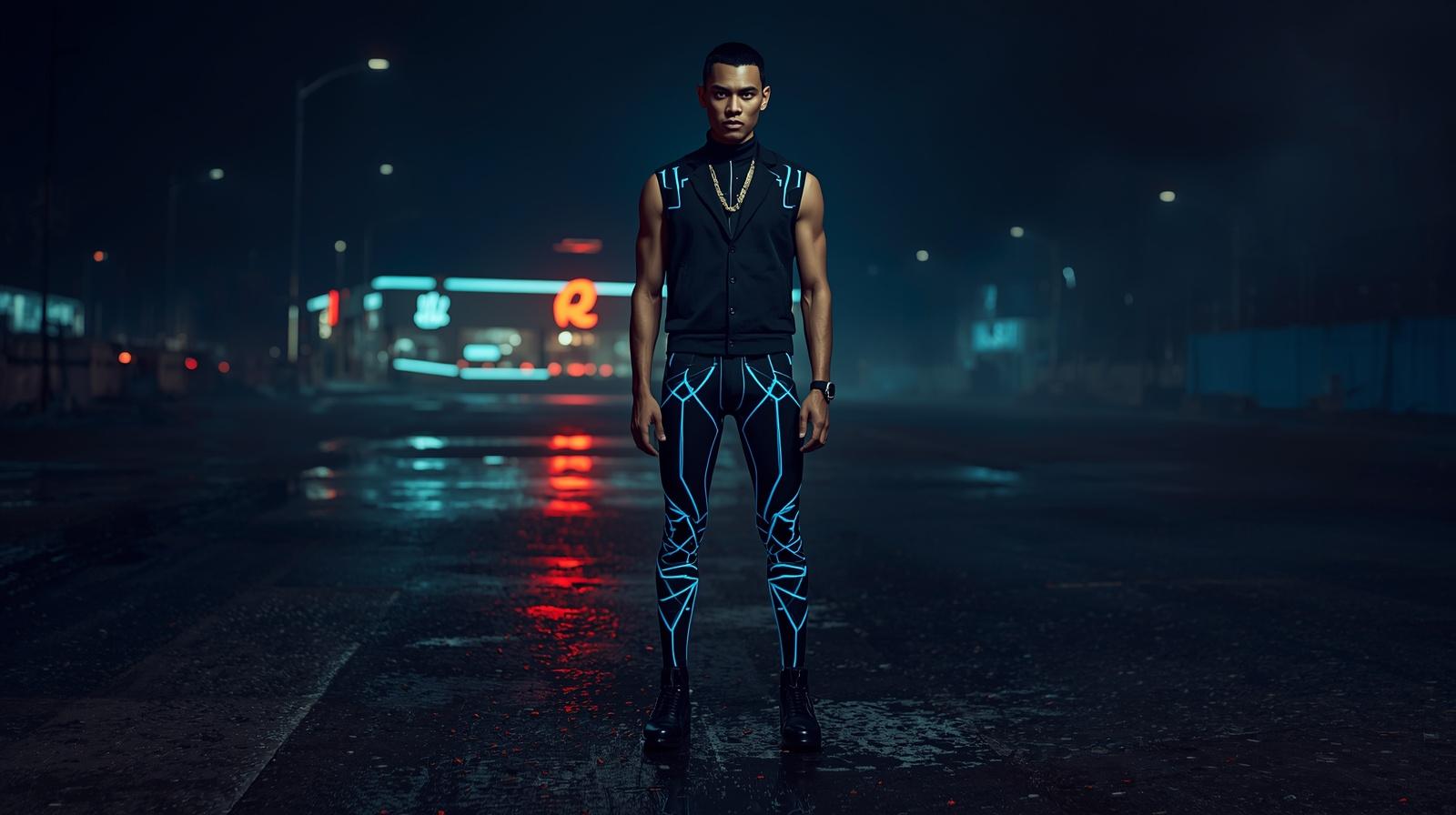 Athletic man standing in urban cyberpunk night time scene