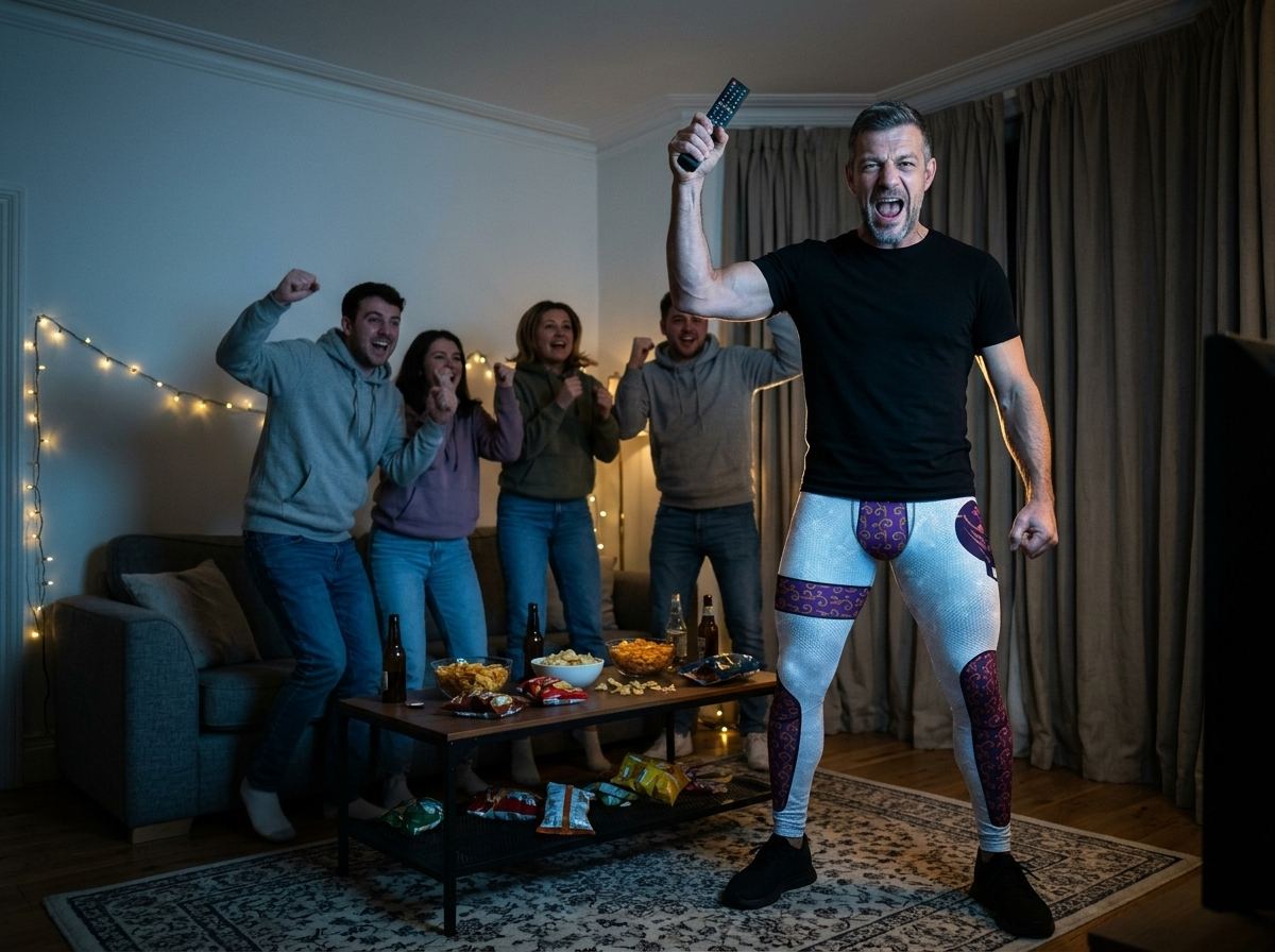 Man in white wrestling tights with purple and gold brocade panels and a black T-shirt raising a TV remote as friends cheer at a WWE watch party