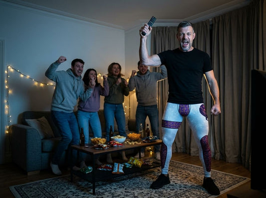 Man in white wrestling tights with purple and gold brocade panels and a black T-shirt raising a TV remote as friends cheer at a WWE watch party