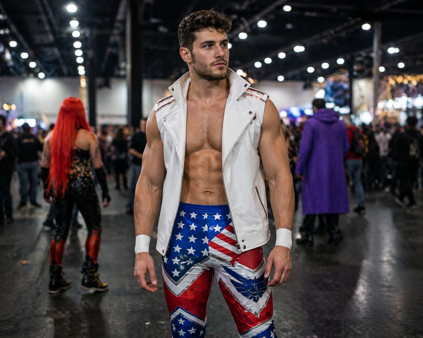 man wearing patriotic american hero wrestling tights at mcm london 2026