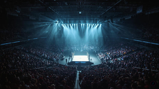Empty wrestling ring under harsh white and cyan arena lights, with the crowd fading into shadow before a main event.