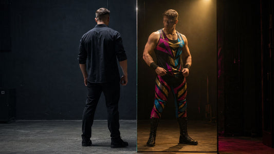 A man seen from behind in dark plain clothes, reflected in a mirror as the same man transformed - facing forward in bold pink, teal and gold wrestling gear under a warm spotlight