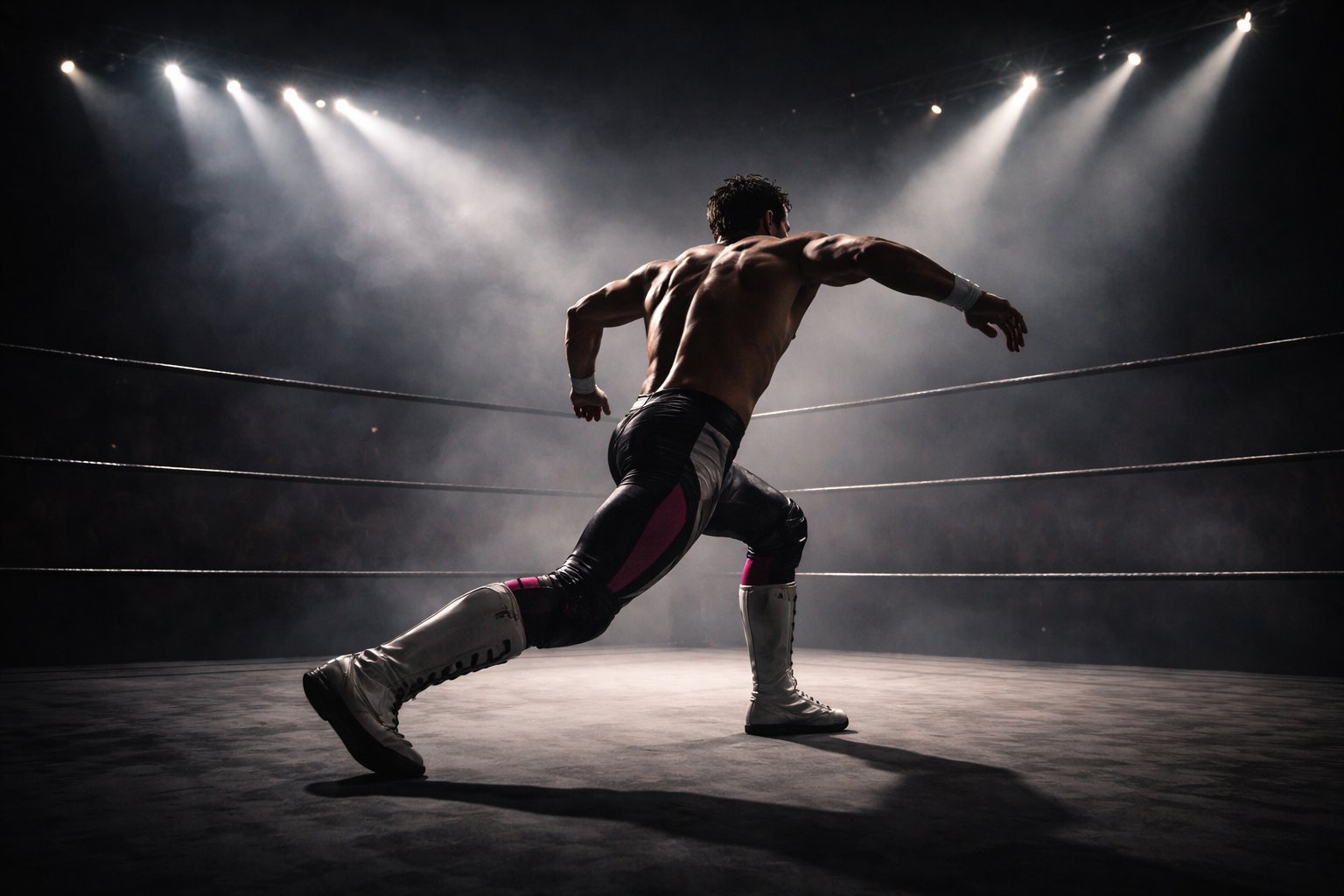 Athletic wrestling-inspired figure in clean ring gear with dragon-like energy, dramatic arena lighting
