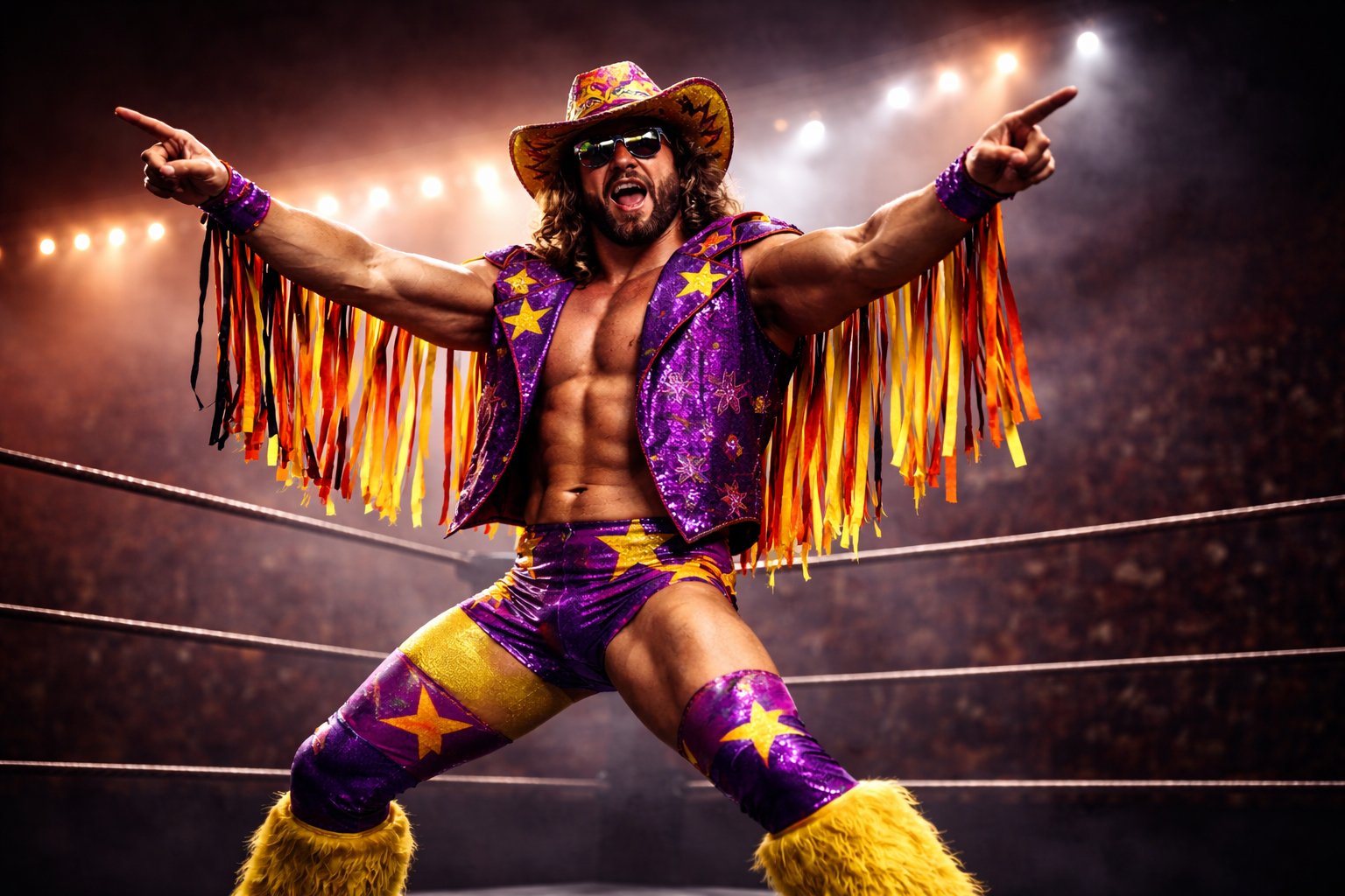 Bold glam spectacle wrestler from 1980s striking a pose