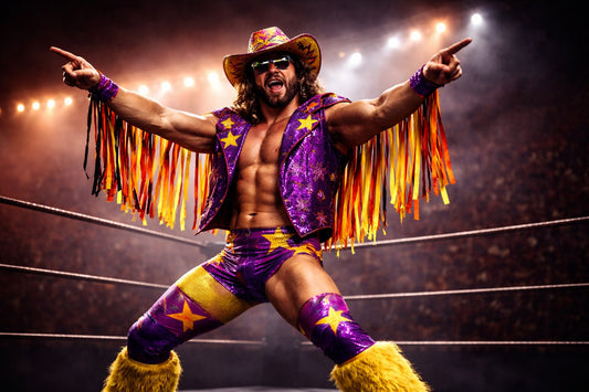 Bold glam spectacle wrestler from 1980s striking a pose