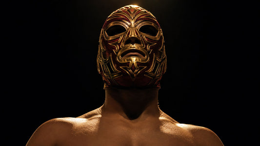 Luchador wrestler in ornate mask under arena spotlight - wrestling identity and masculinity