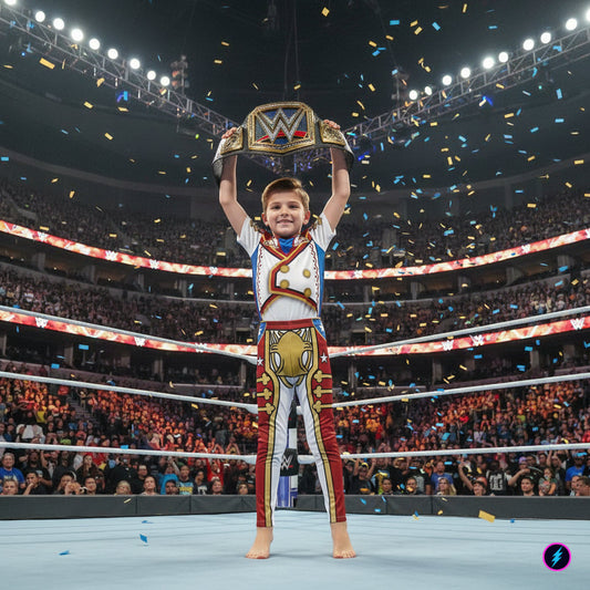 Confident child wearing wrestling-inspired activewear standing in an arena-style setting