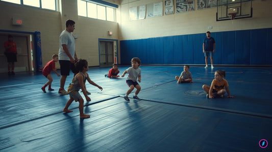Children participating in a beginner youth wrestling practice with a coach supervising movement and balance drills in a bright gym